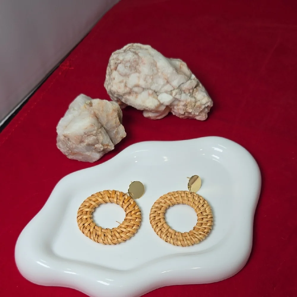 Woven Rattan Hoop Earrings Gold Disc Stud Boho Coastal Resort Statement Jewelry
